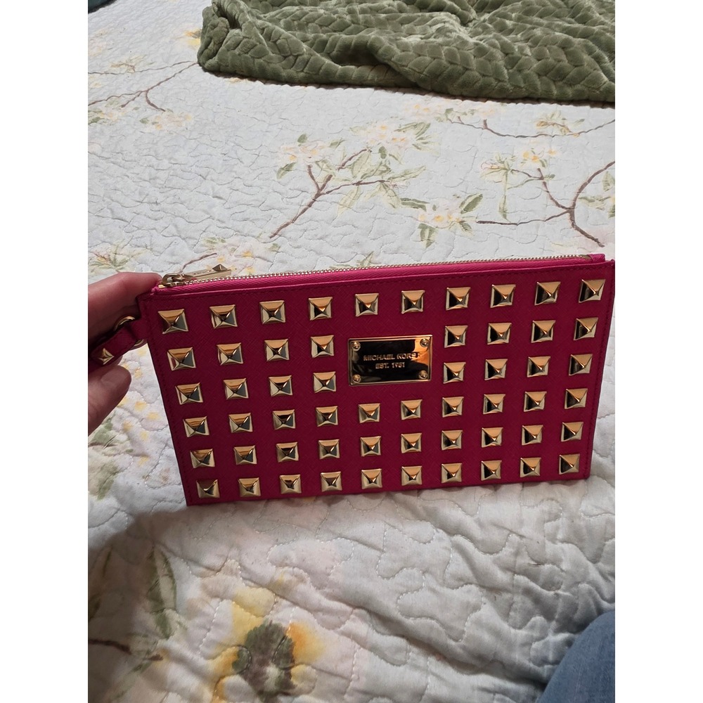 Michael Kors Hot Pink Studded Leather Wristlet Clutch Wallet Gold Hardware
